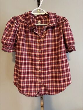GAP Women’s Rounded Collar red plaid Ruffle Preppy Short Sleeve Med